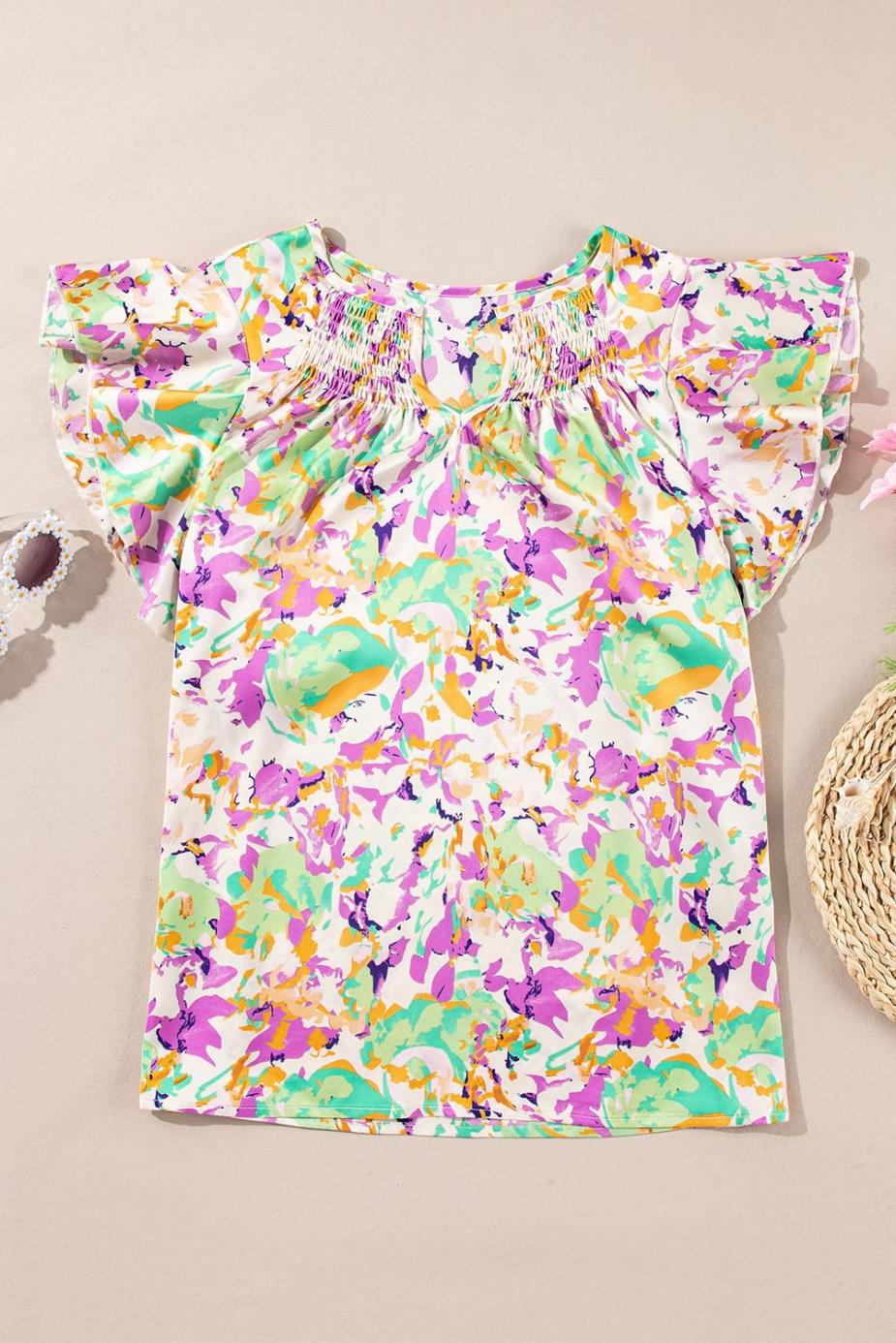 Blouses | Purple Abstract Print Ruffled Short Sleeve Notched Neck Blouse - Women