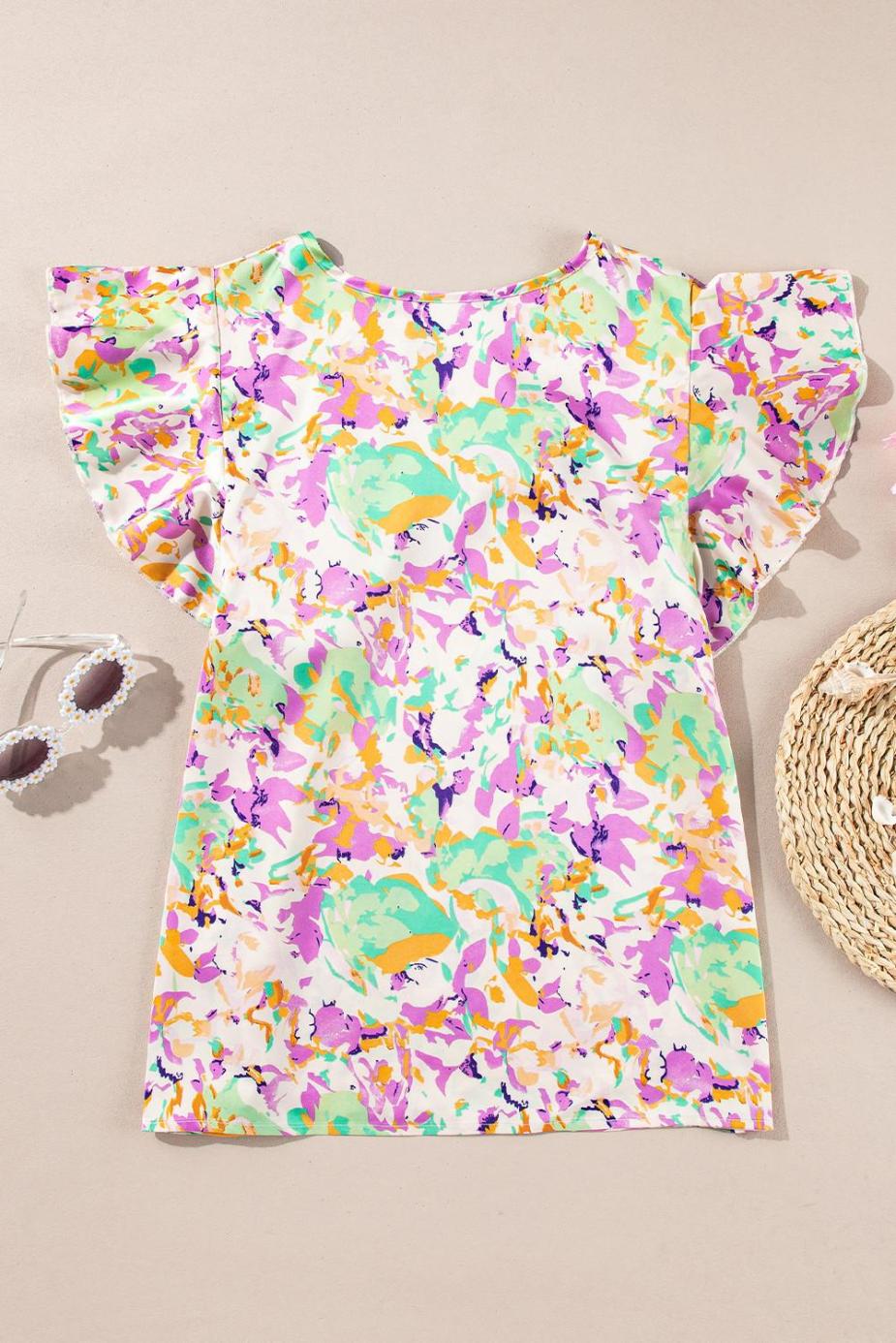 Blouses | Purple Abstract Print Ruffled Short Sleeve Notched Neck Blouse - Women