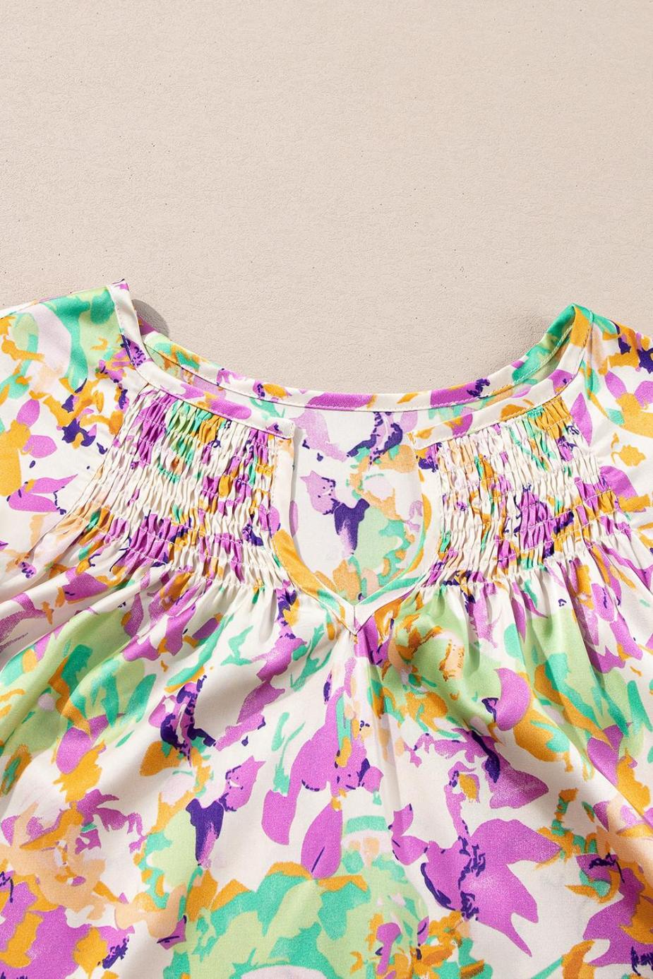 Blouses | Purple Abstract Print Ruffled Short Sleeve Notched Neck Blouse - Women