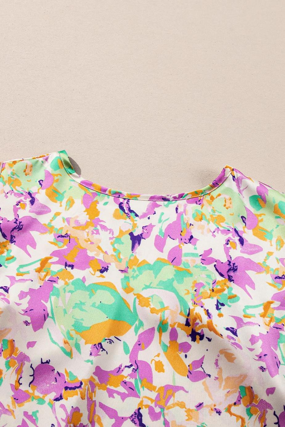 Blouses | Purple Abstract Print Ruffled Short Sleeve Notched Neck Blouse - Women