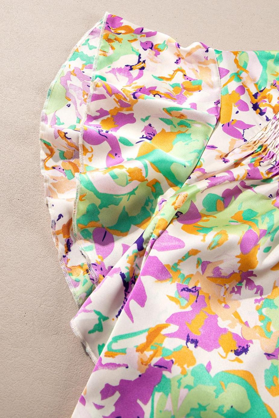 Blouses | Purple Abstract Print Ruffled Short Sleeve Notched Neck Blouse - Women