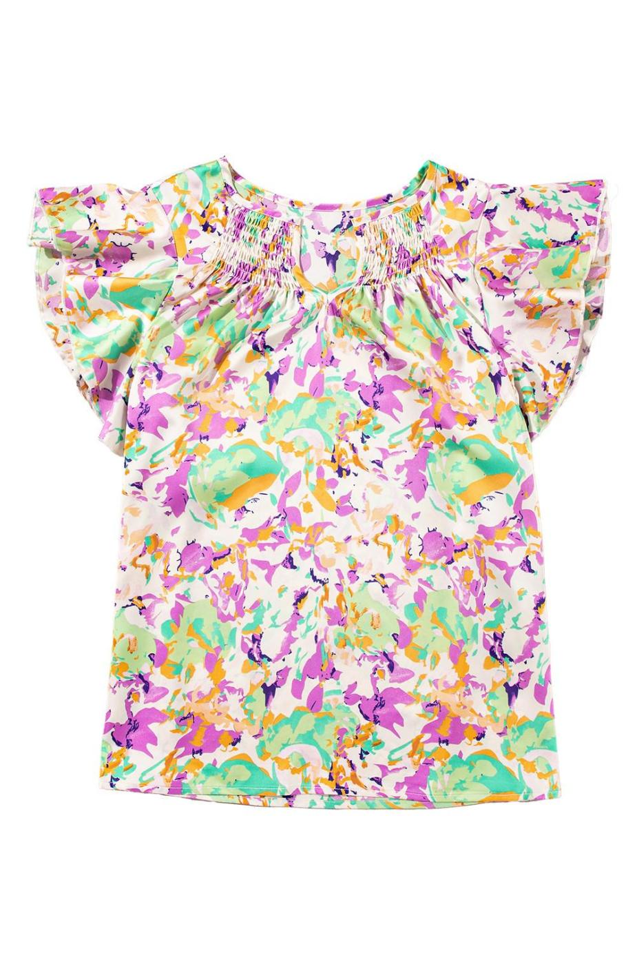 Blouses | Purple Abstract Print Ruffled Short Sleeve Notched Neck Blouse - Women