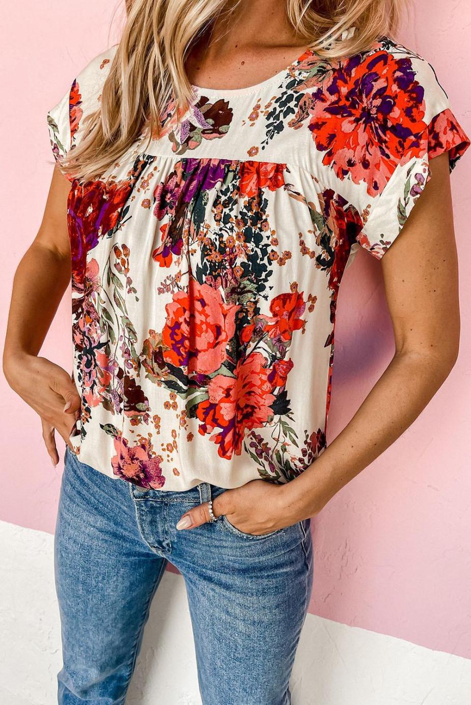 Blouses | Red Floral Print Short Sleeve Blouse For Women - Women