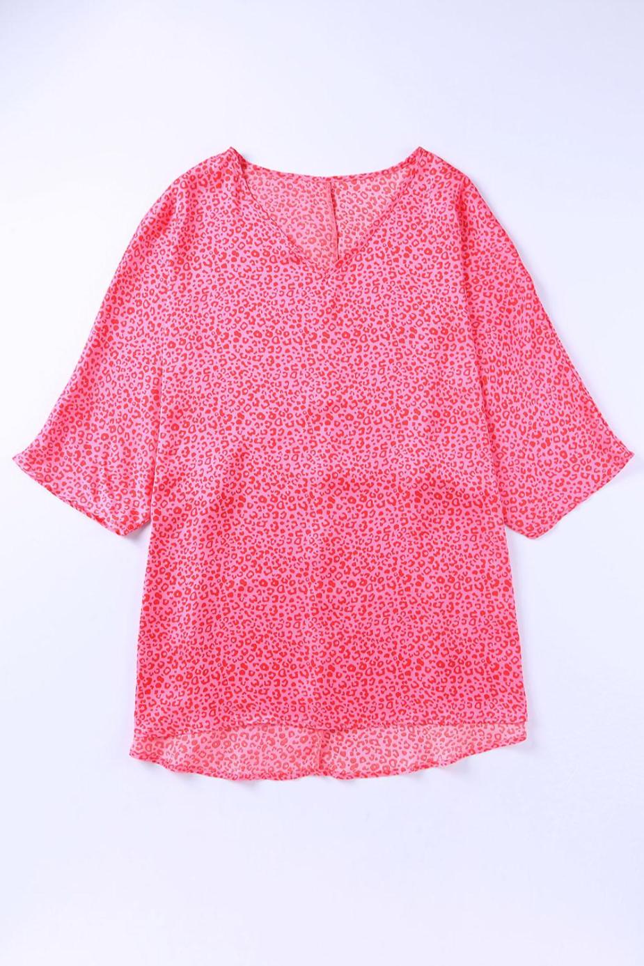 Blouses | Rosy Leopard Print Oversized Casual Half Sleeve V Neck Top - Women