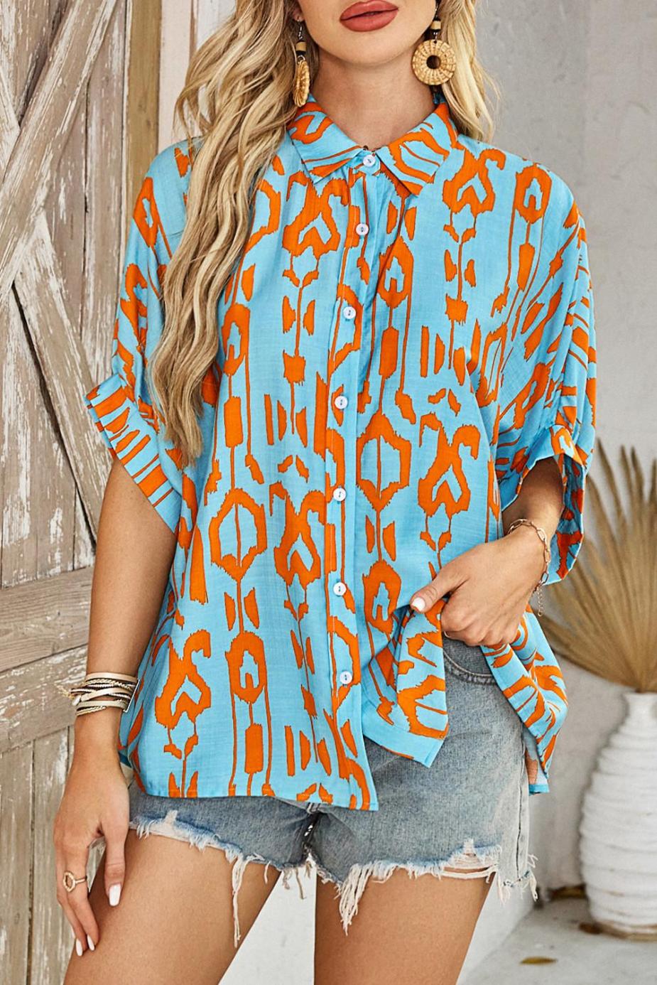 Blouses | Sky Blue Abstract Print Short Sleeve Button Up Loose Shirt - Women