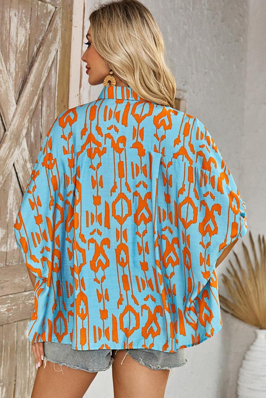 Blouses | Sky Blue Abstract Print Short Sleeve Button Up Loose Shirt - Women