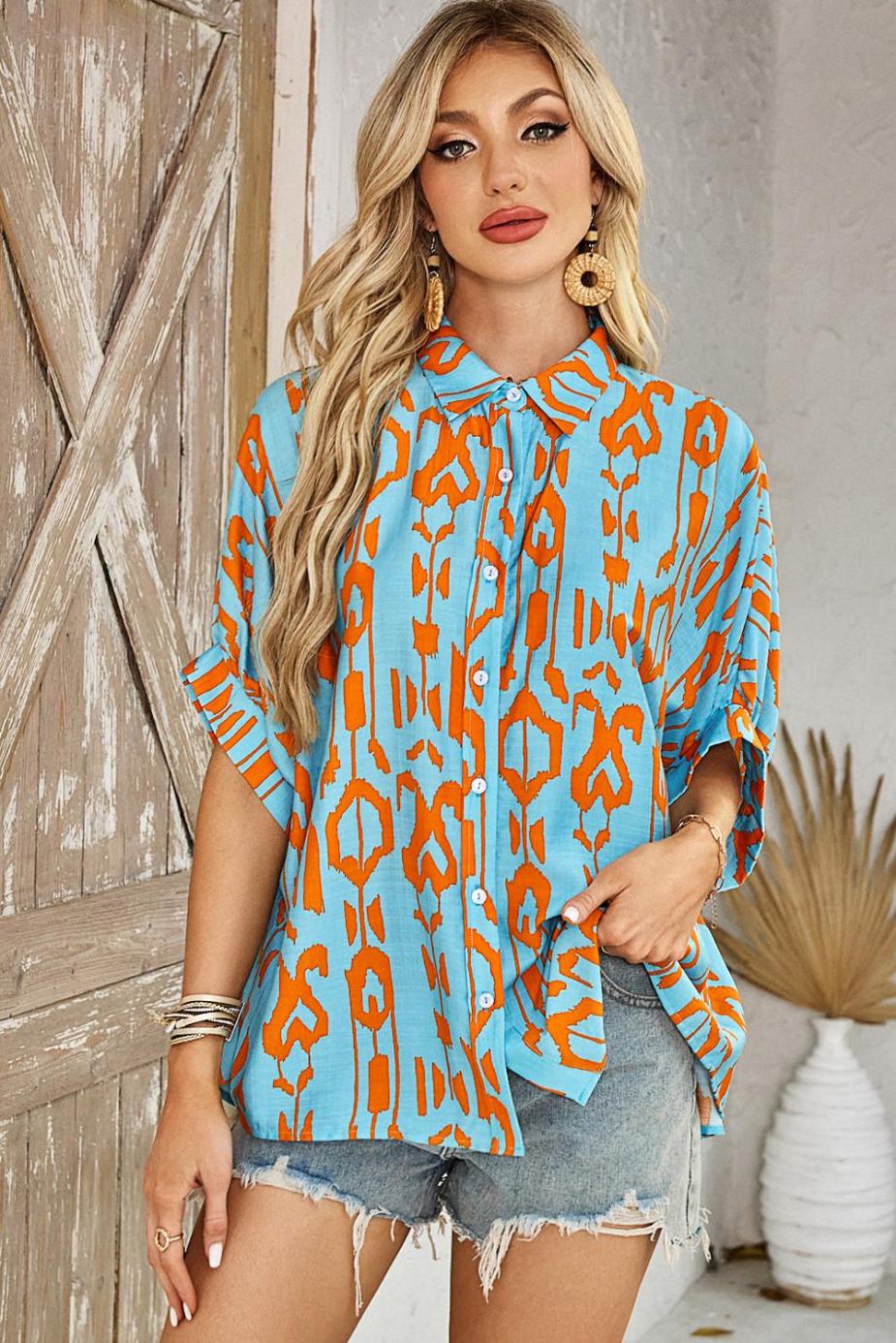 Blouses | Sky Blue Abstract Print Short Sleeve Button Up Loose Shirt - Women