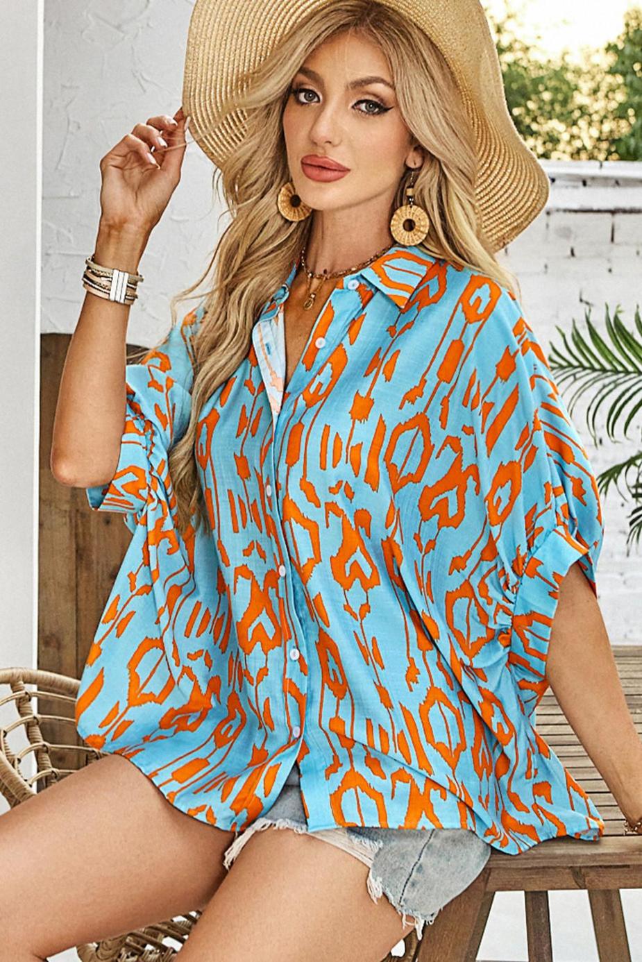 Blouses | Sky Blue Abstract Print Short Sleeve Button Up Loose Shirt - Women