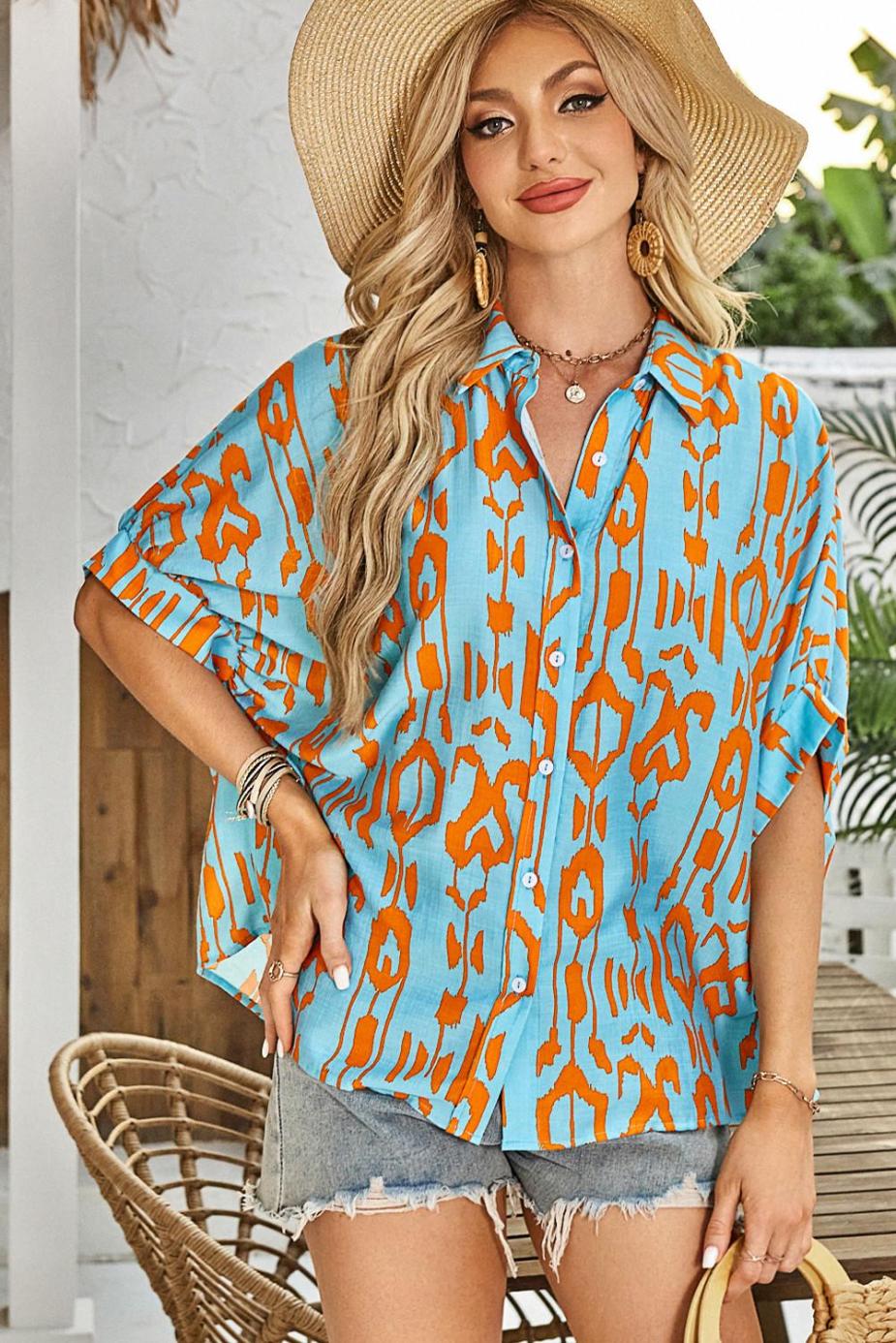 Blouses | Sky Blue Abstract Print Short Sleeve Button Up Loose Shirt - Women