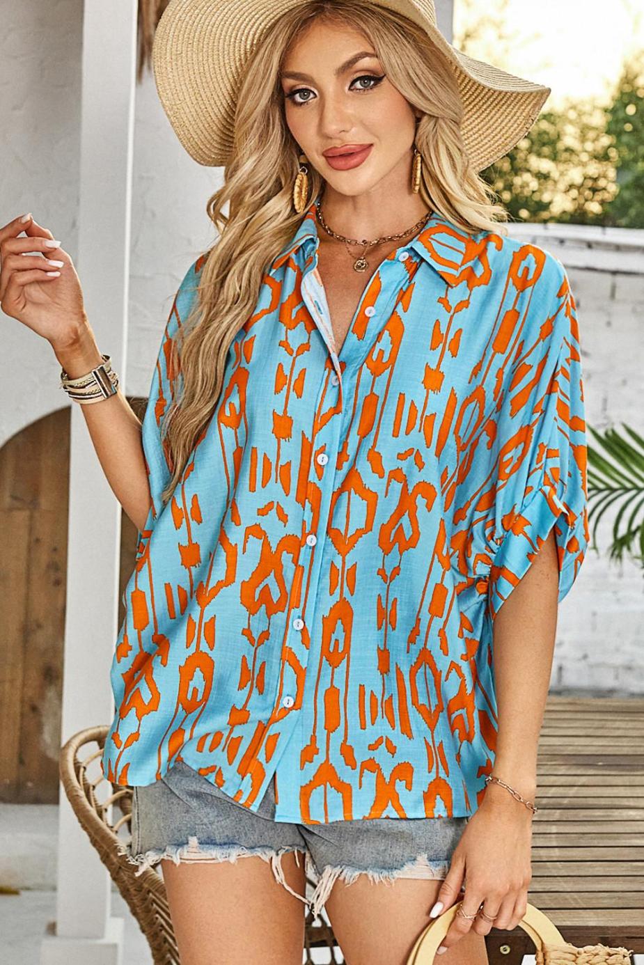 Blouses | Sky Blue Abstract Print Short Sleeve Button Up Loose Shirt - Women