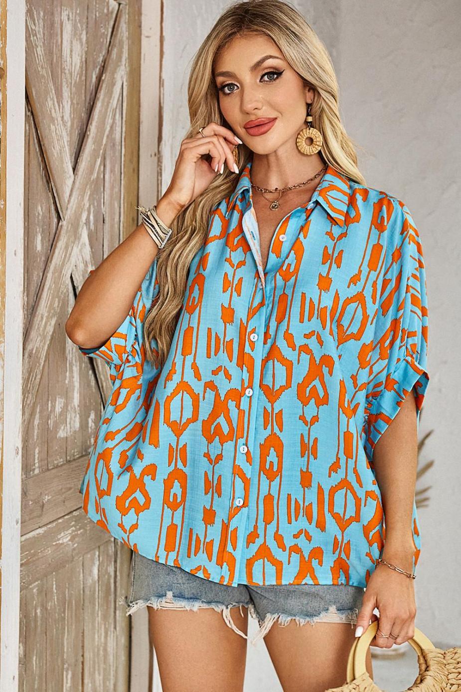 Blouses | Sky Blue Abstract Print Short Sleeve Button Up Loose Shirt - Women