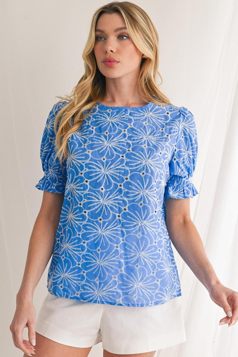 Blouses | Sky Blue Boho Floral Eyelet Puff Sleeve Blouse - Women