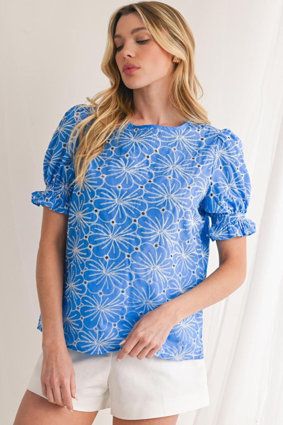 Blouses | Sky Blue Boho Floral Eyelet Puff Sleeve Blouse - Women