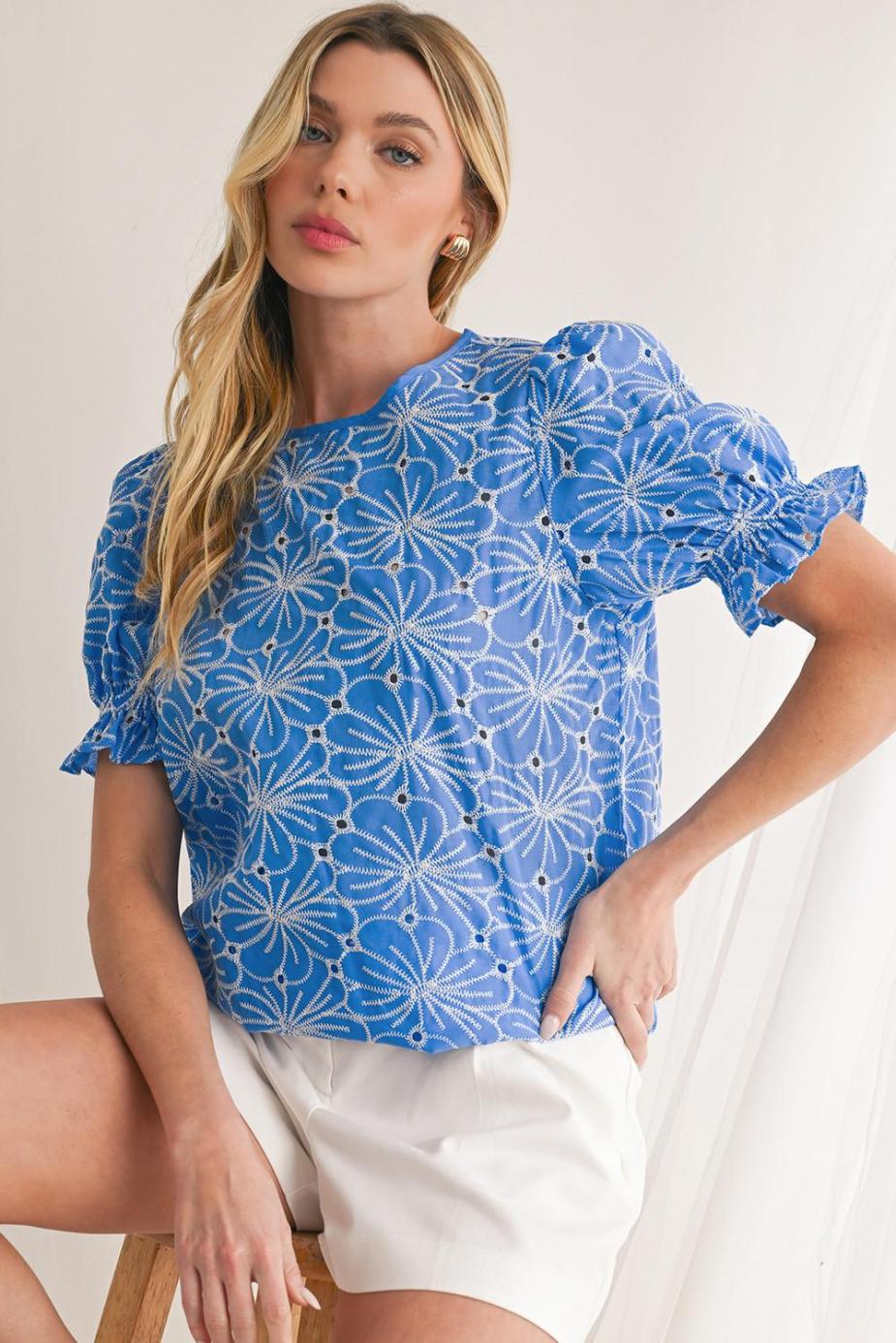 Blouses | Sky Blue Boho Floral Eyelet Puff Sleeve Blouse - Women