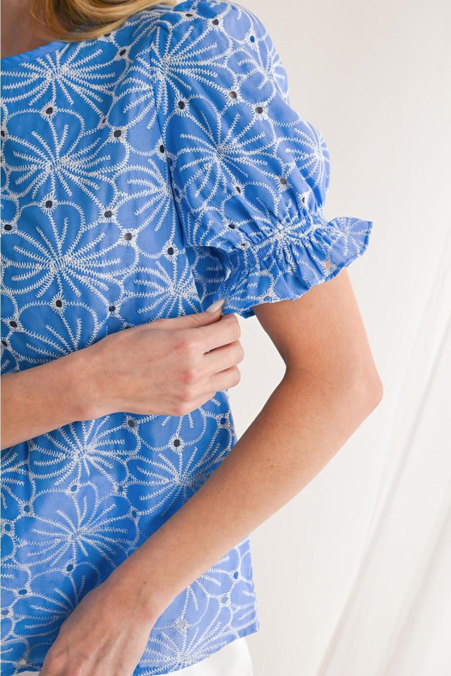 Blouses | Sky Blue Boho Floral Eyelet Puff Sleeve Blouse - Women