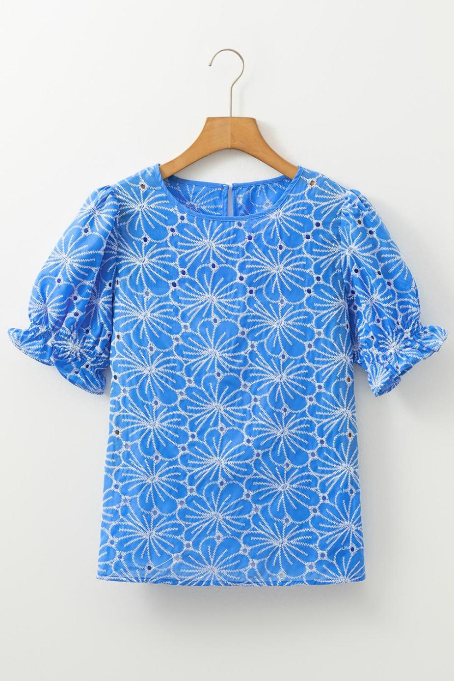 Blouses | Sky Blue Boho Floral Eyelet Puff Sleeve Blouse - Women