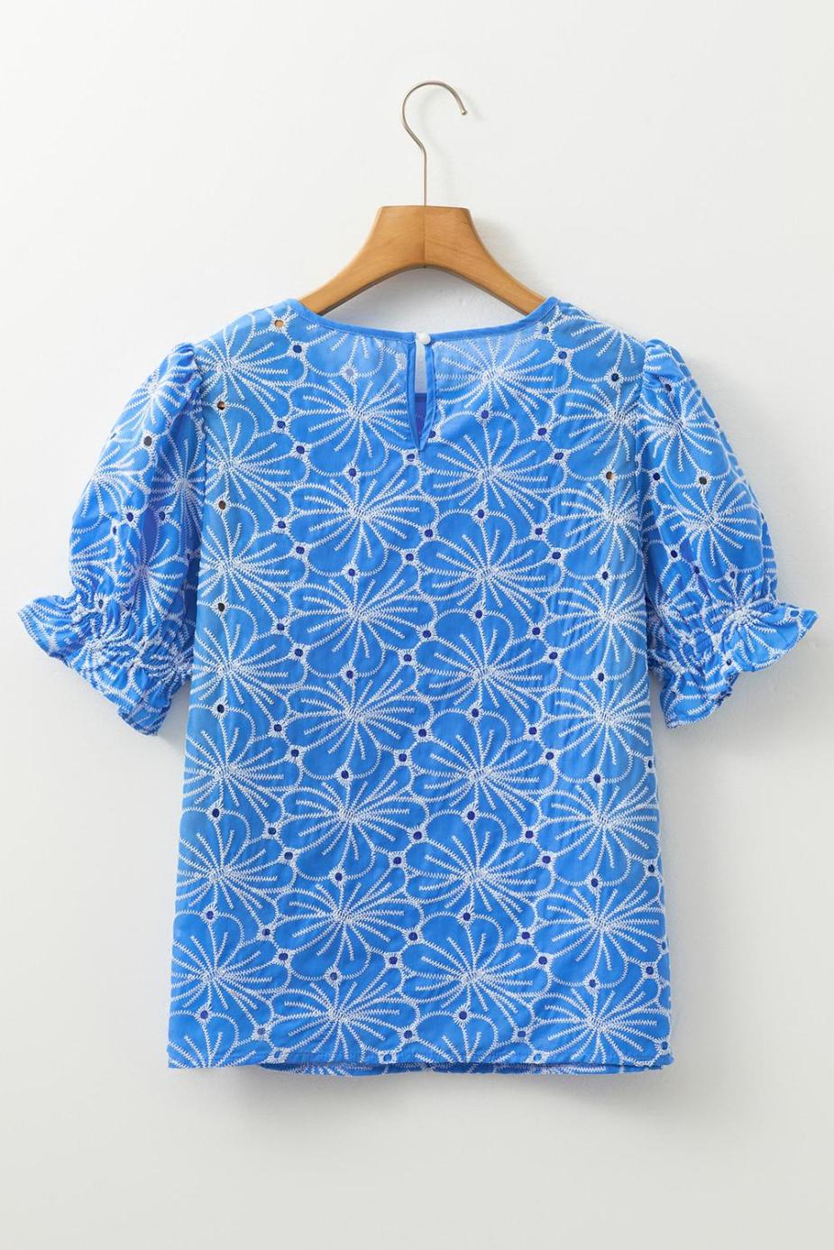 Blouses | Sky Blue Boho Floral Eyelet Puff Sleeve Blouse - Women