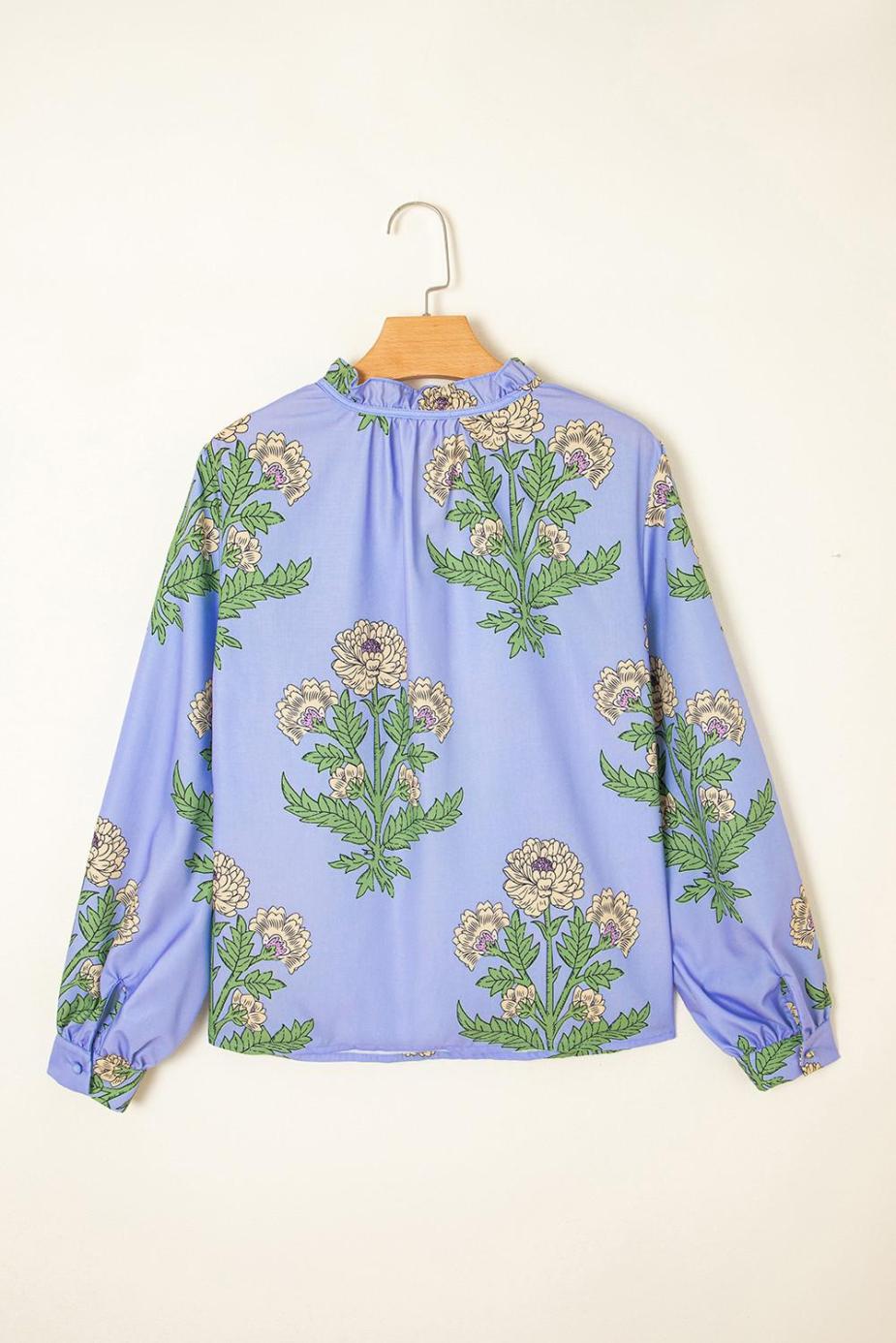 Blouses | Sky Blue Floral Print V Neck Bubble Sleeve Blouse - Women