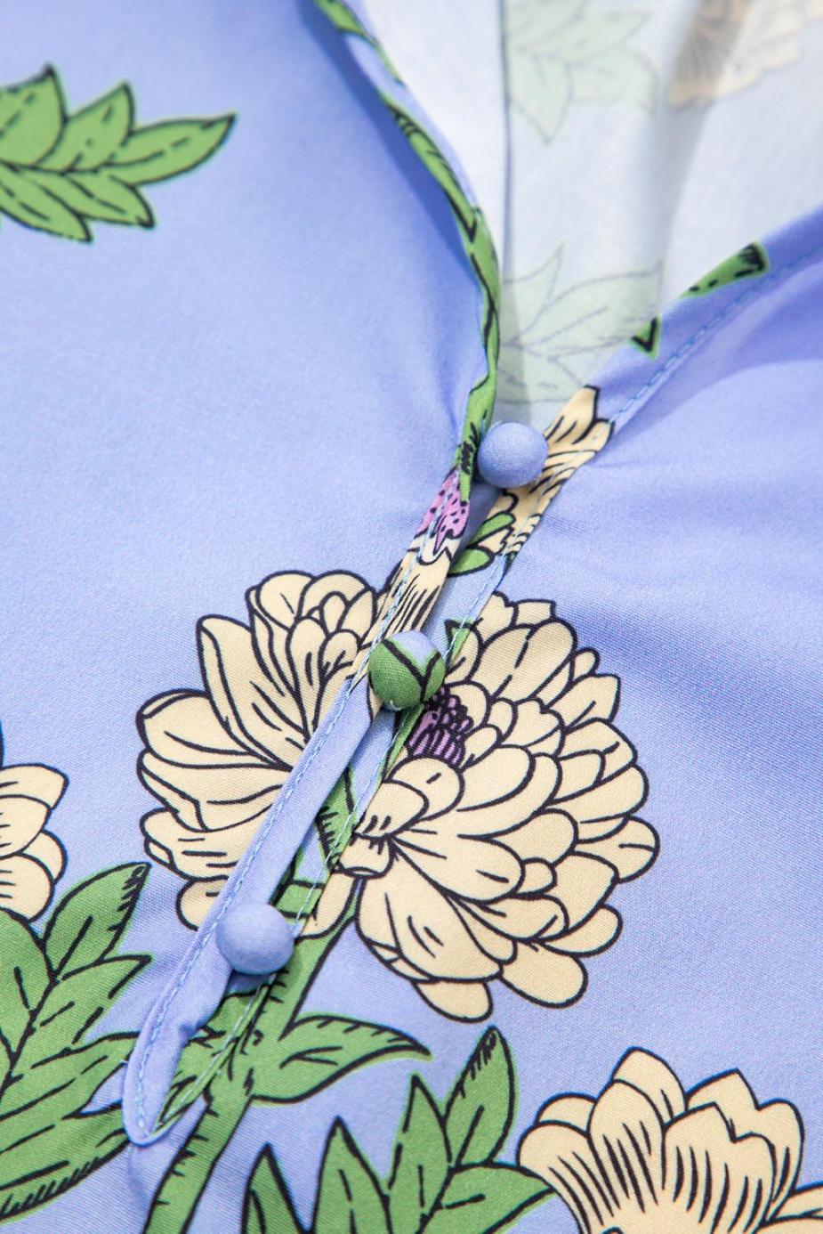 Blouses | Sky Blue Floral Print V Neck Bubble Sleeve Blouse - Women