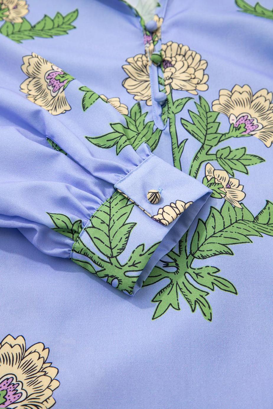 Blouses | Sky Blue Floral Print V Neck Bubble Sleeve Blouse - Women