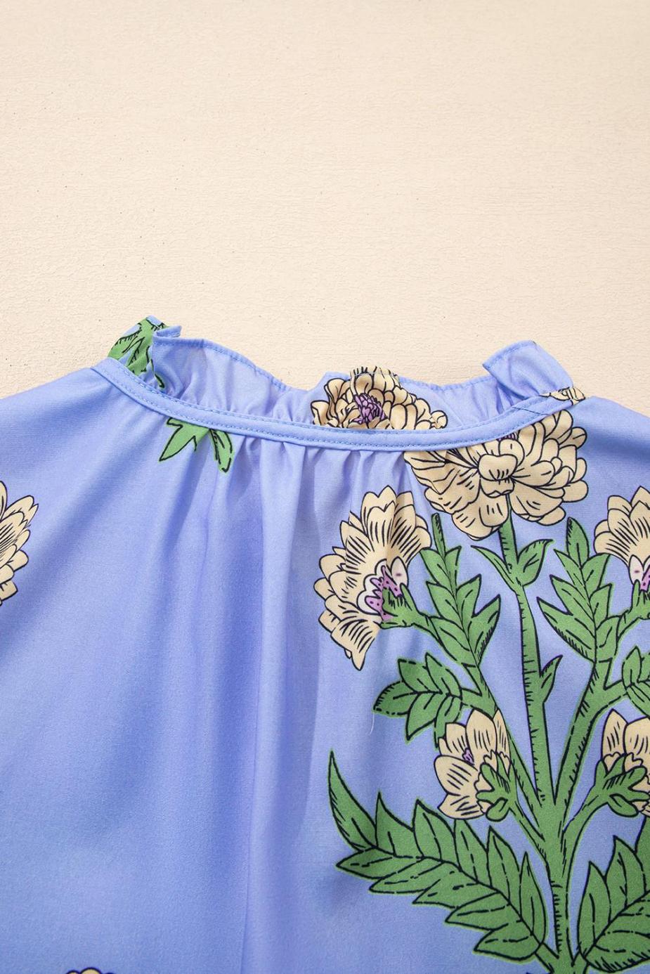 Blouses | Sky Blue Floral Print V Neck Bubble Sleeve Blouse - Women