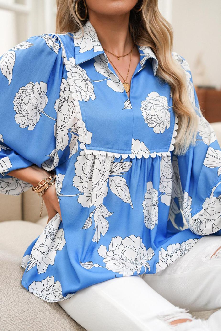 Blouses | Sky Blue Floral Print V-Neck Scallop Detail Long Sleeve Blouse - Women
