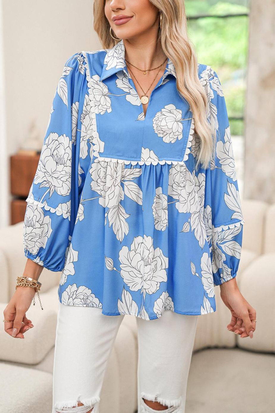Blouses | Sky Blue Floral Print V-Neck Scallop Detail Long Sleeve Blouse - Women