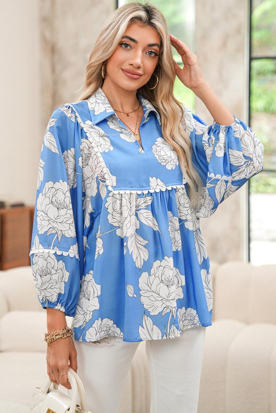 Blouses | Sky Blue Floral Print V-Neck Scallop Detail Long Sleeve Blouse - Women