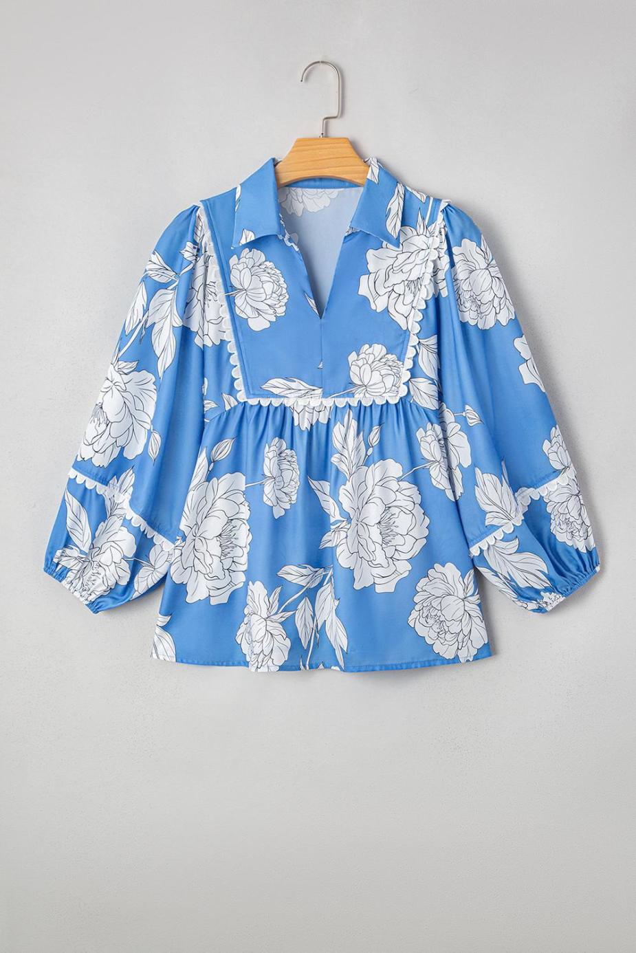 Blouses | Sky Blue Floral Print V-Neck Scallop Detail Long Sleeve Blouse - Women