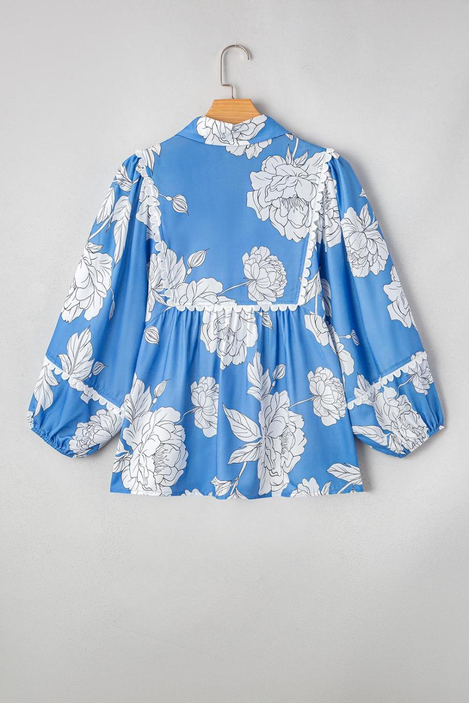 Blouses | Sky Blue Floral Print V-Neck Scallop Detail Long Sleeve Blouse - Women