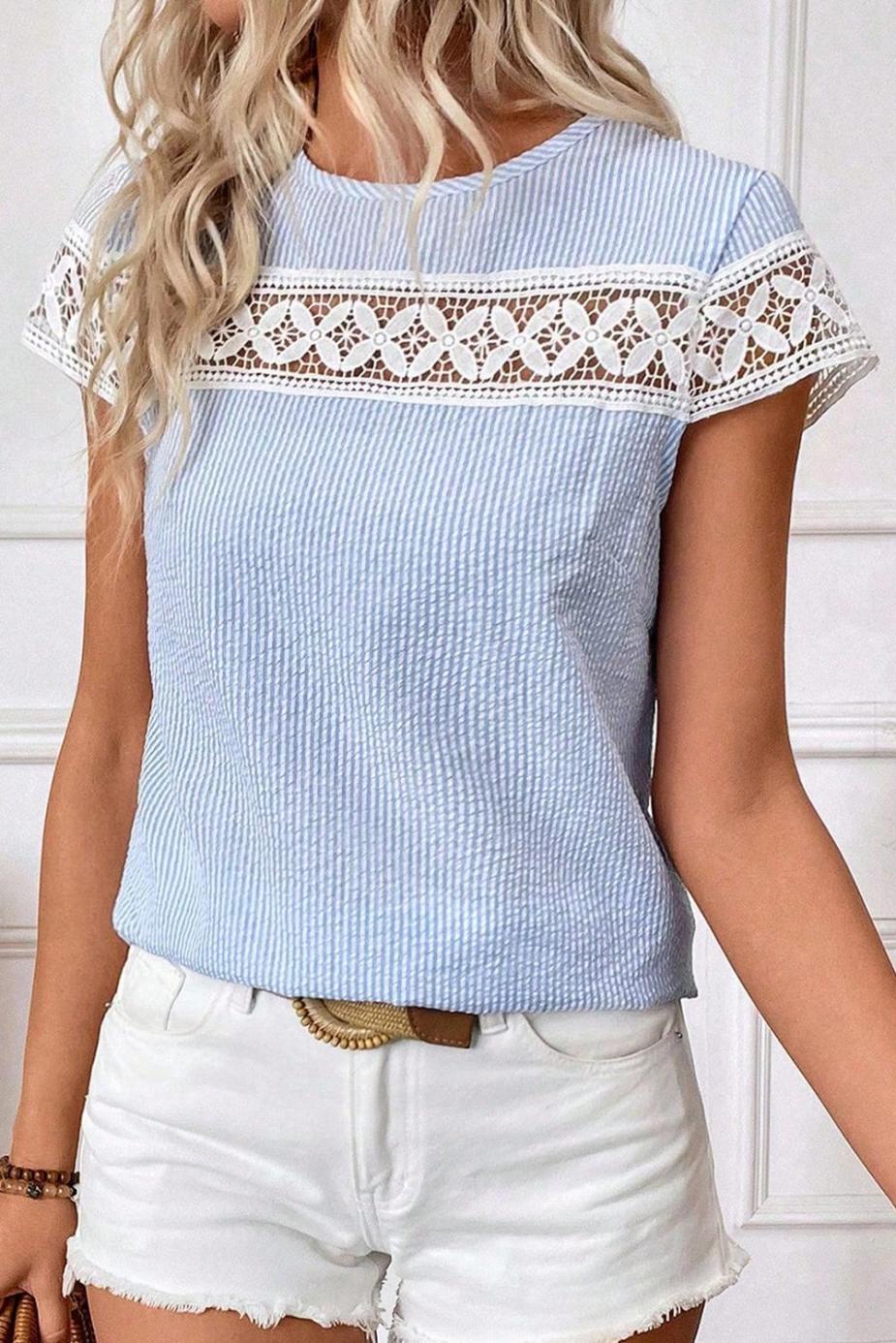 Blouses | Sky Blue Stripe Lace Patchwork Round Neck Blouse - Women