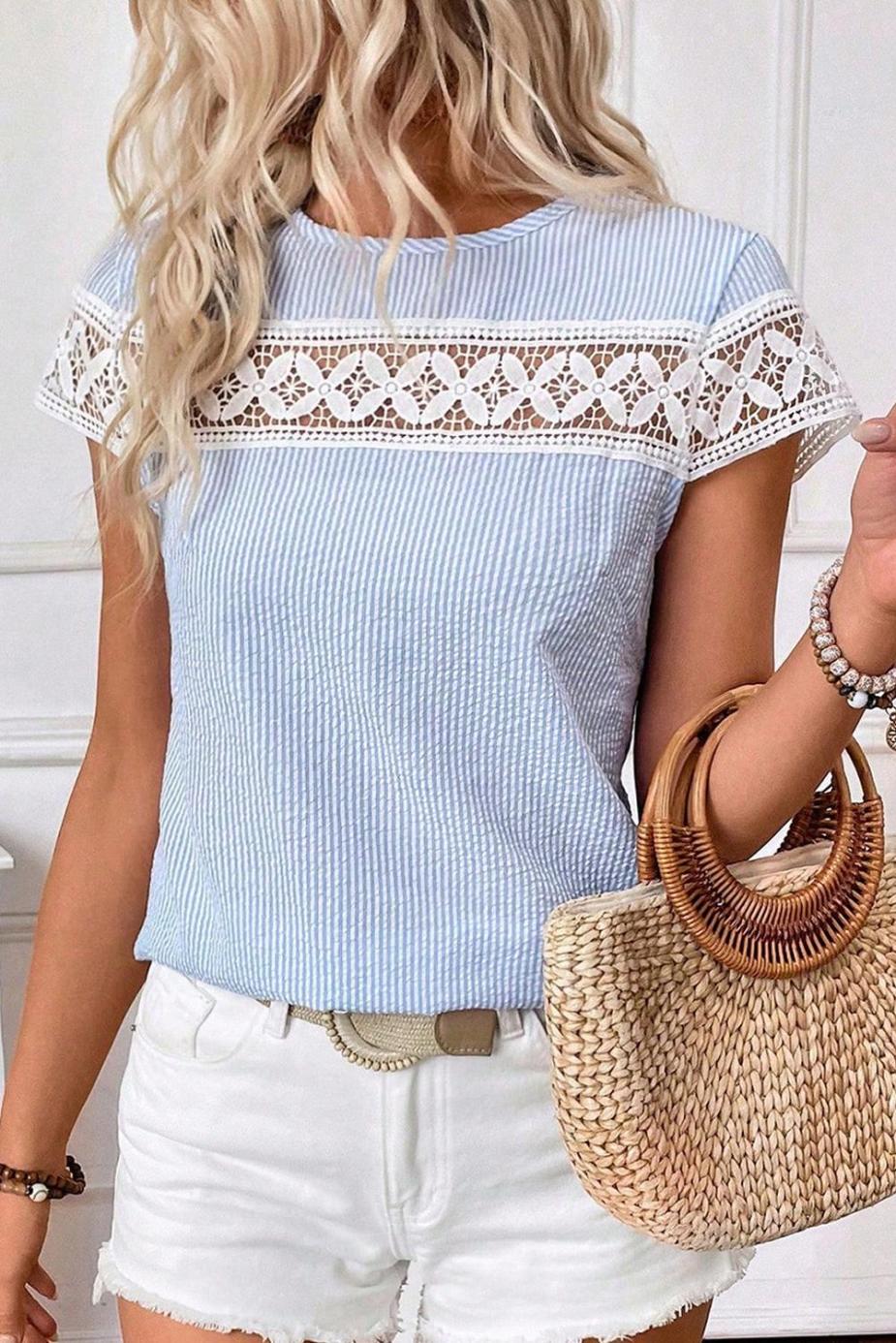 Blouses | Sky Blue Stripe Lace Patchwork Round Neck Blouse - Women