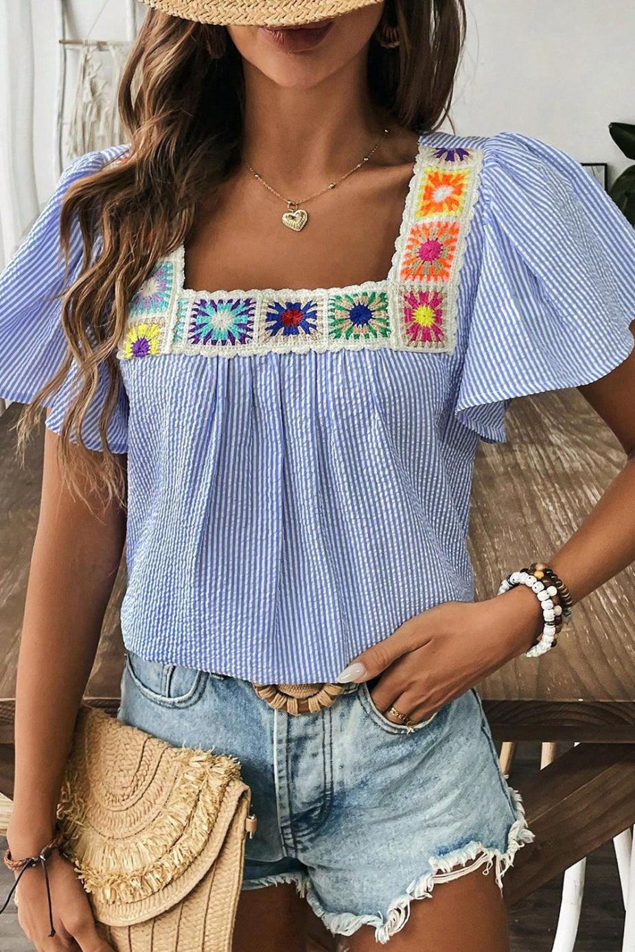 Blouses | Sky Blue Striped Crochet Applique Boho Blouse - Women