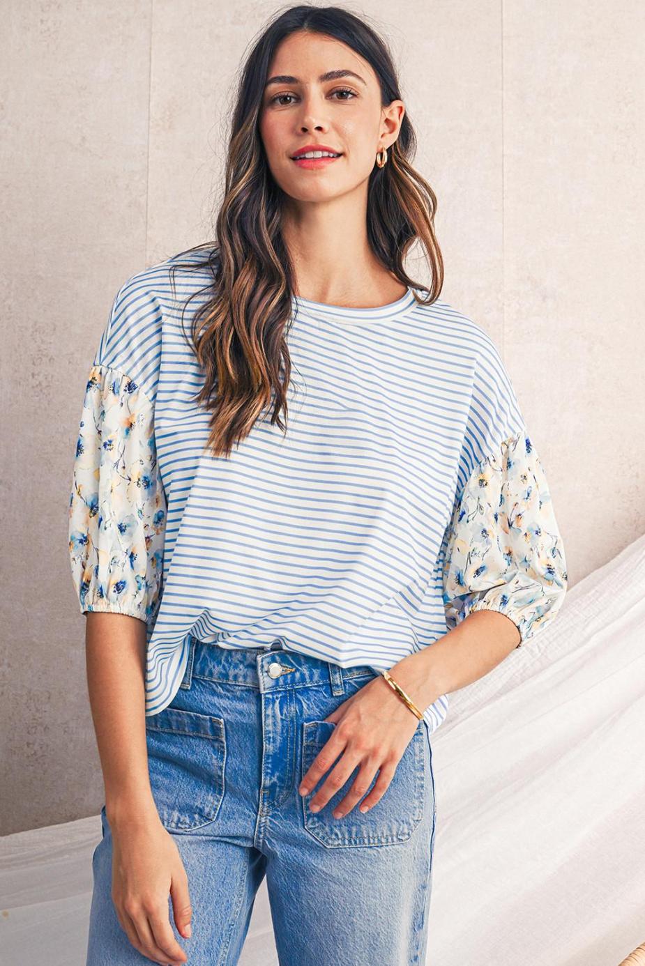 Blouses | Sky Blue Striped Floral Patchwork Sleeve Pullover Top - Women