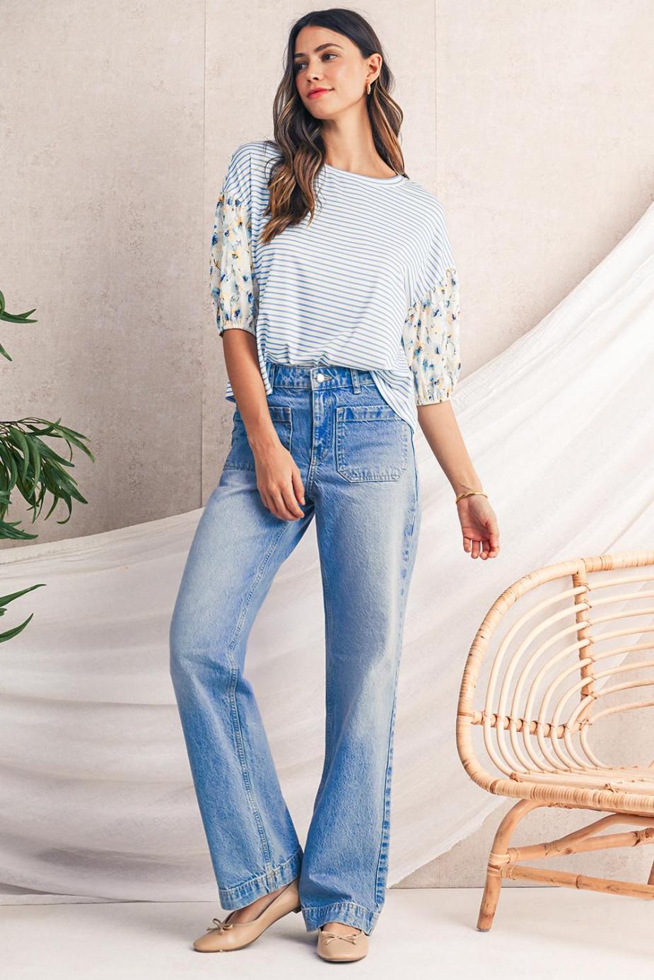 Blouses | Sky Blue Striped Floral Patchwork Sleeve Pullover Top - Women