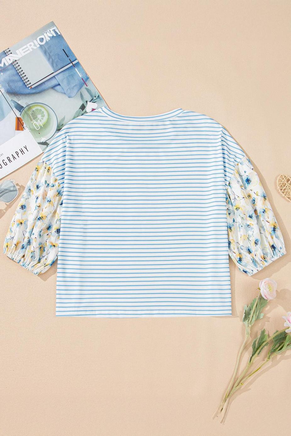 Blouses | Sky Blue Striped Floral Patchwork Sleeve Pullover Top - Women