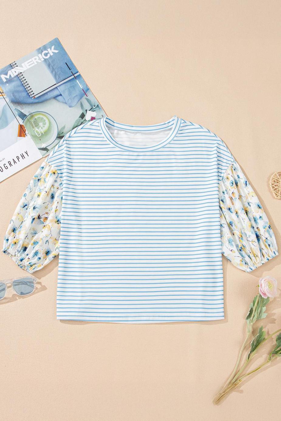 Blouses | Sky Blue Striped Floral Patchwork Sleeve Pullover Top - Women