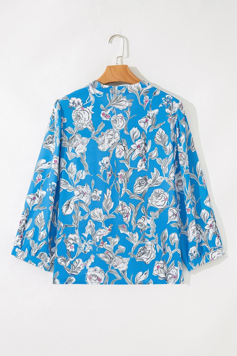 Blouses | Sky Blue Vintage Floral Print V-Neck Bubble Sleeve Blouse - Women