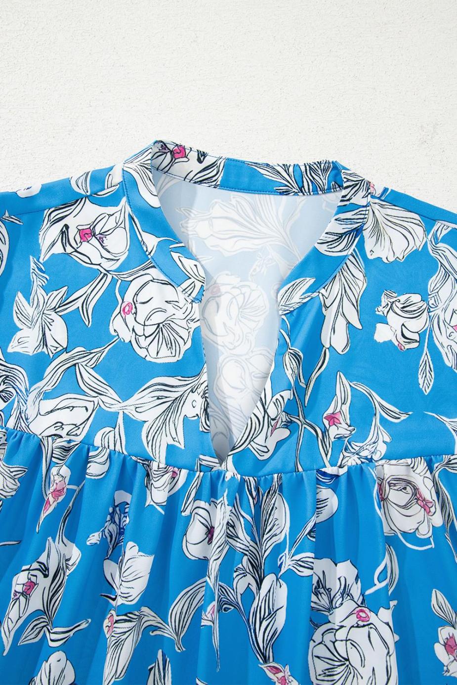 Blouses | Sky Blue Vintage Floral Print V-Neck Bubble Sleeve Blouse - Women