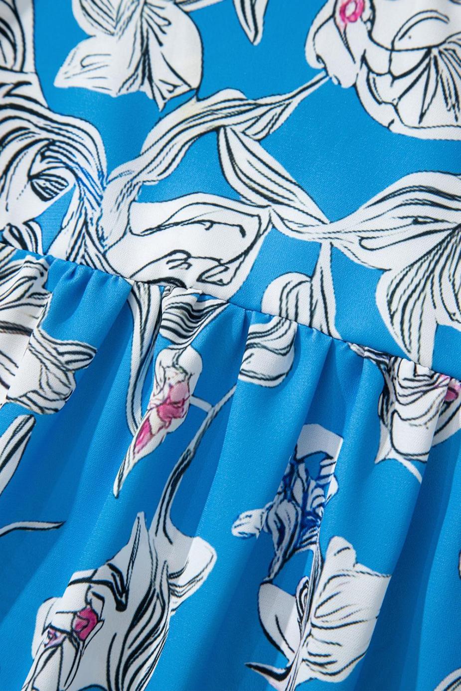 Blouses | Sky Blue Vintage Floral Print V-Neck Bubble Sleeve Blouse - Women