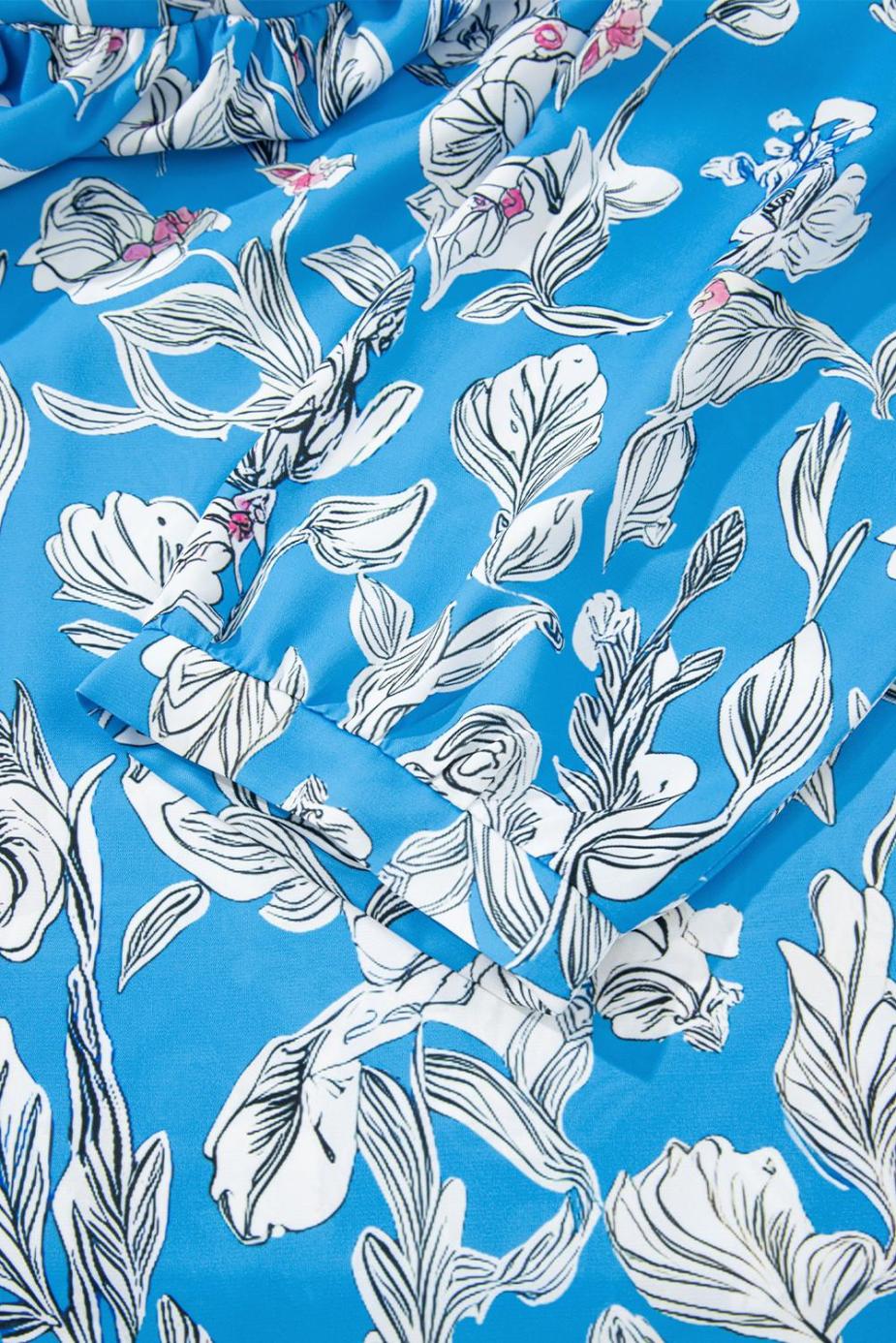 Blouses | Sky Blue Vintage Floral Print V-Neck Bubble Sleeve Blouse - Women