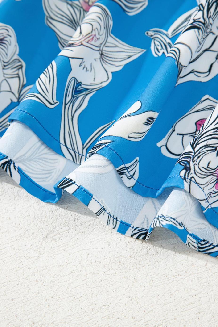 Blouses | Sky Blue Vintage Floral Print V-Neck Bubble Sleeve Blouse - Women