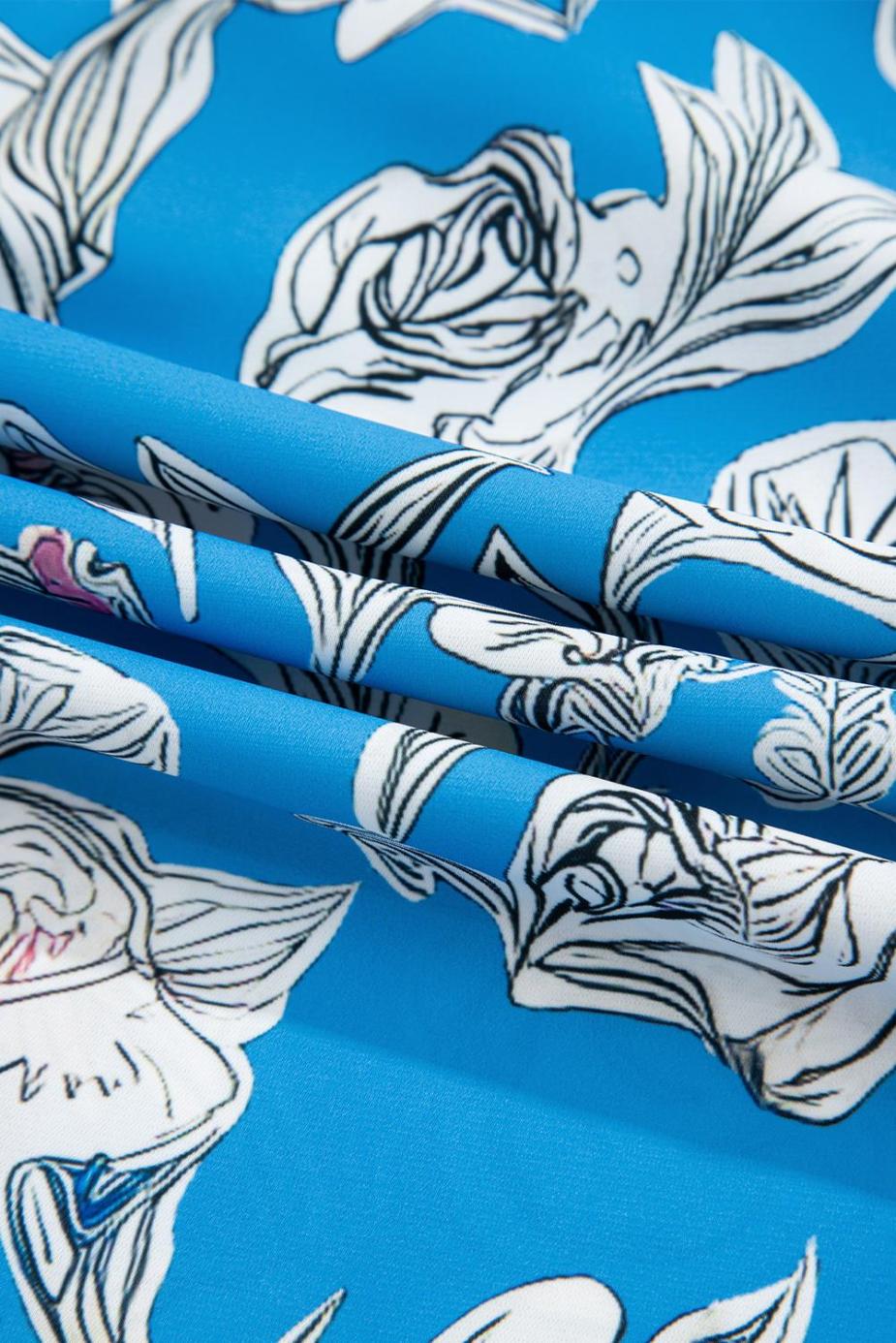 Blouses | Sky Blue Vintage Floral Print V-Neck Bubble Sleeve Blouse - Women