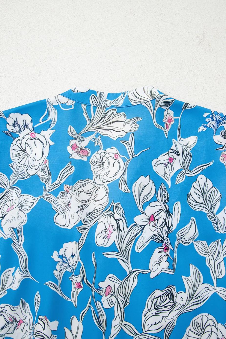 Blouses | Sky Blue Vintage Floral Print V-Neck Bubble Sleeve Blouse - Women