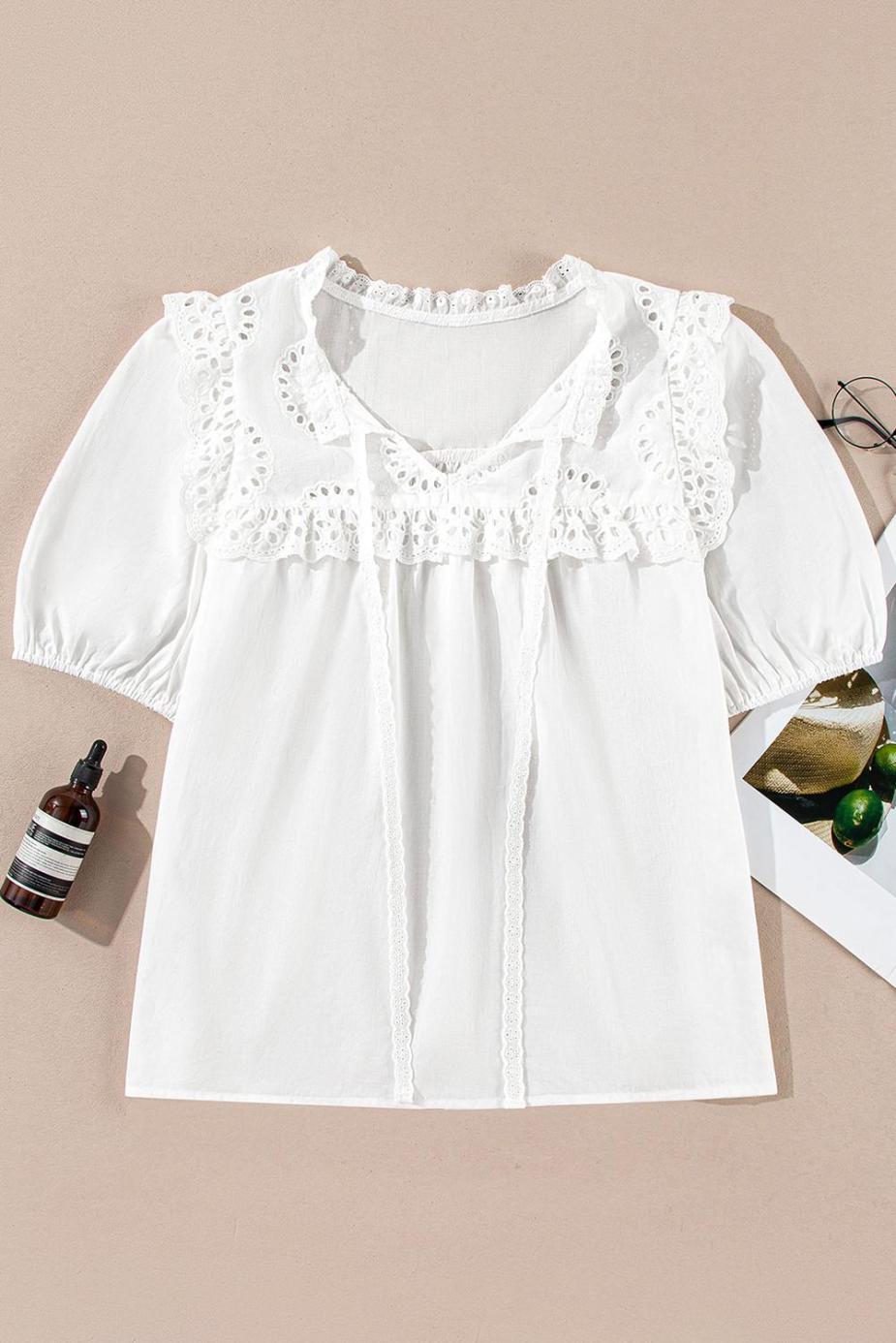 Blouses | White Embroidered Lace Patchwork Tie Neck Half Sleeve Blouse - Women
