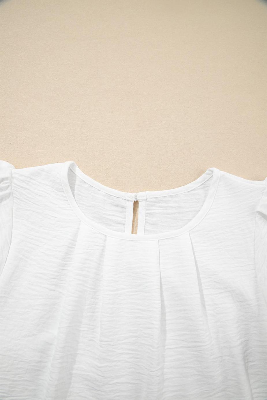 Blouses | White Flounce Sleeve Pleated Textured Blouse - Women