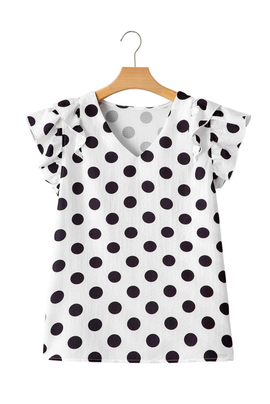 Blouses | White Polka Dot Print V Neck Ruffle Blouse - Women
