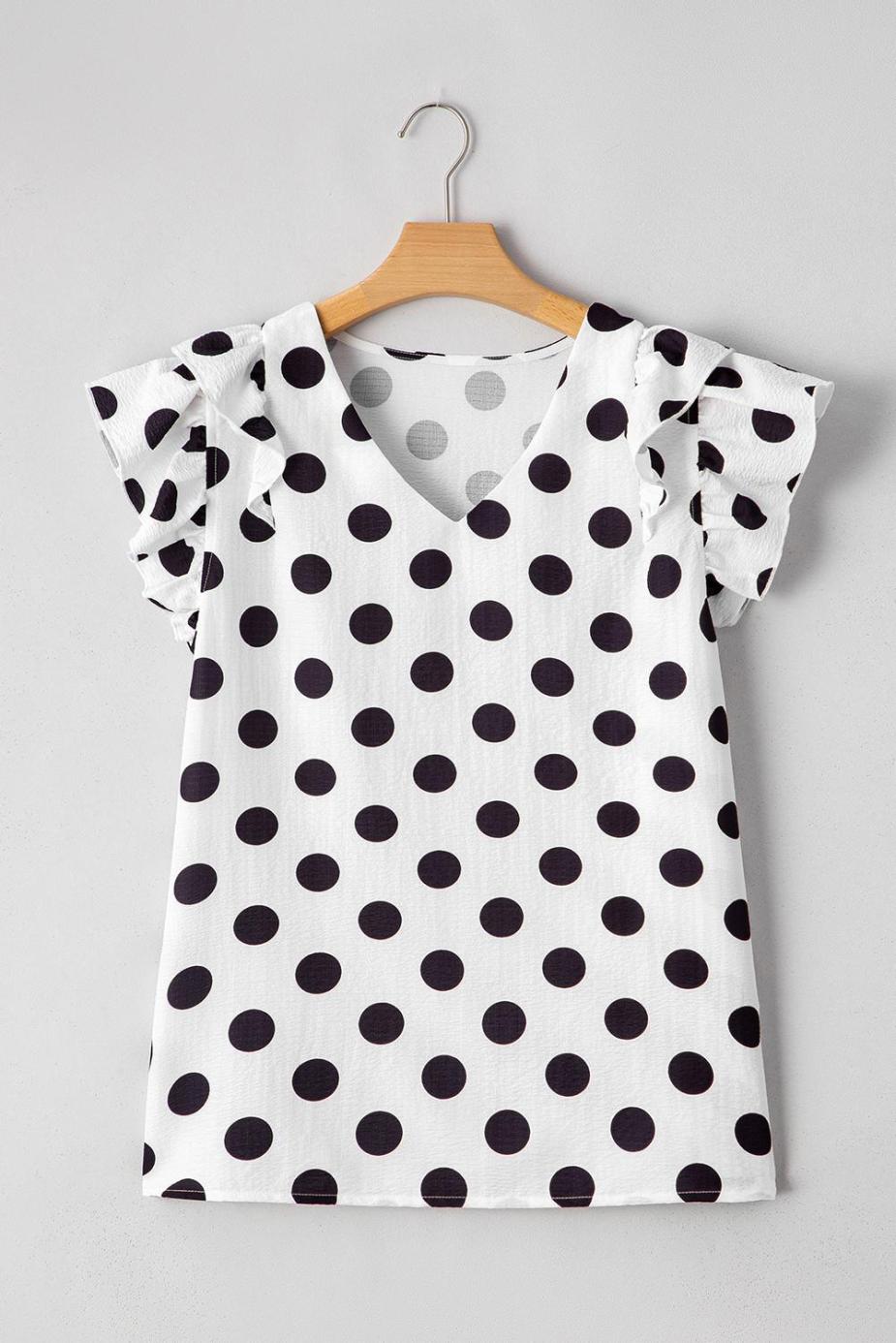 Blouses | White Polka Dot Print V Neck Ruffle Blouse - Women