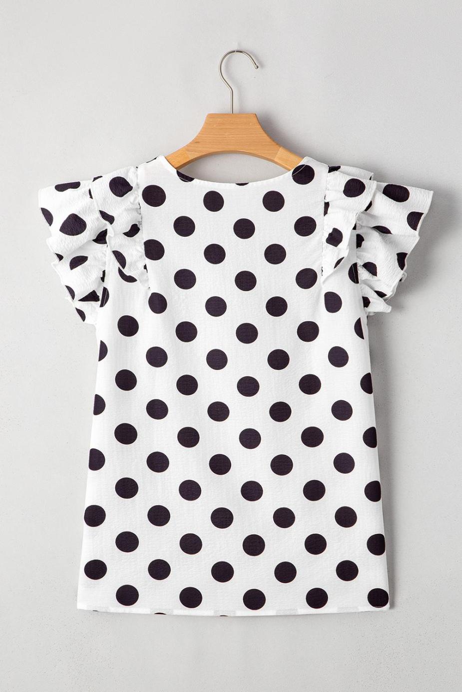 Blouses | White Polka Dot Print V Neck Ruffle Blouse - Women