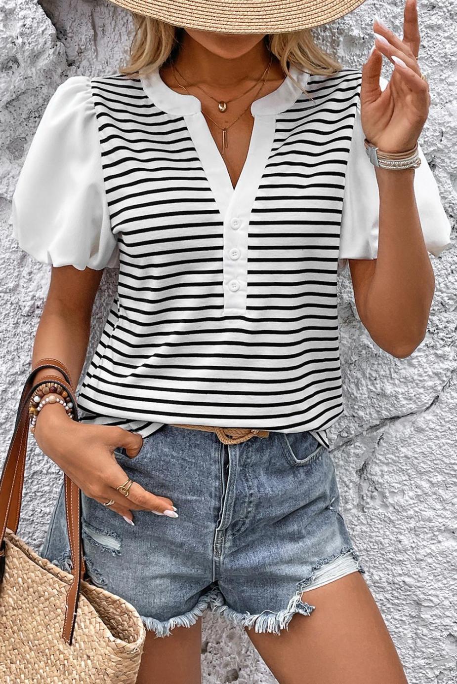 Blouses | White Striped Button V Neck Bubble Sleeve Blouse - Women